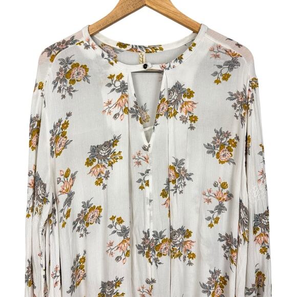 Free People White Gardenia Retro Print Swing Tunic Crepe Boho Dress Size Large - Picture 8 of 16